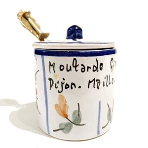 Vintage Ceramic Small Dijon Mustard Container Spoon Blue White Made in France